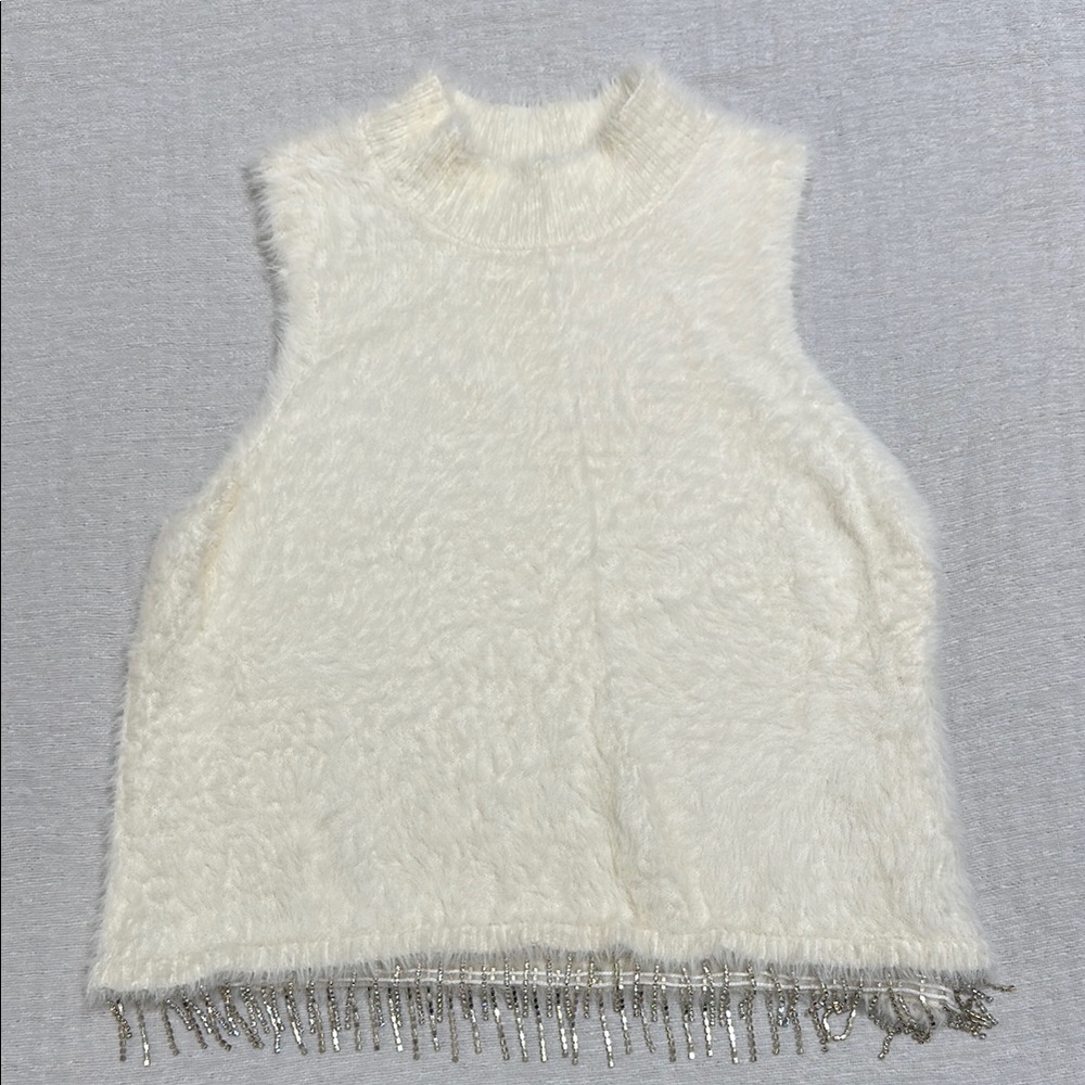 Zara Cream Fuzzy Knit Top with crystal fringe